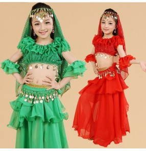 Red green yellow chiffon material girls kids children stage performance school play Indian belly dance dresses costumes dresses outfits